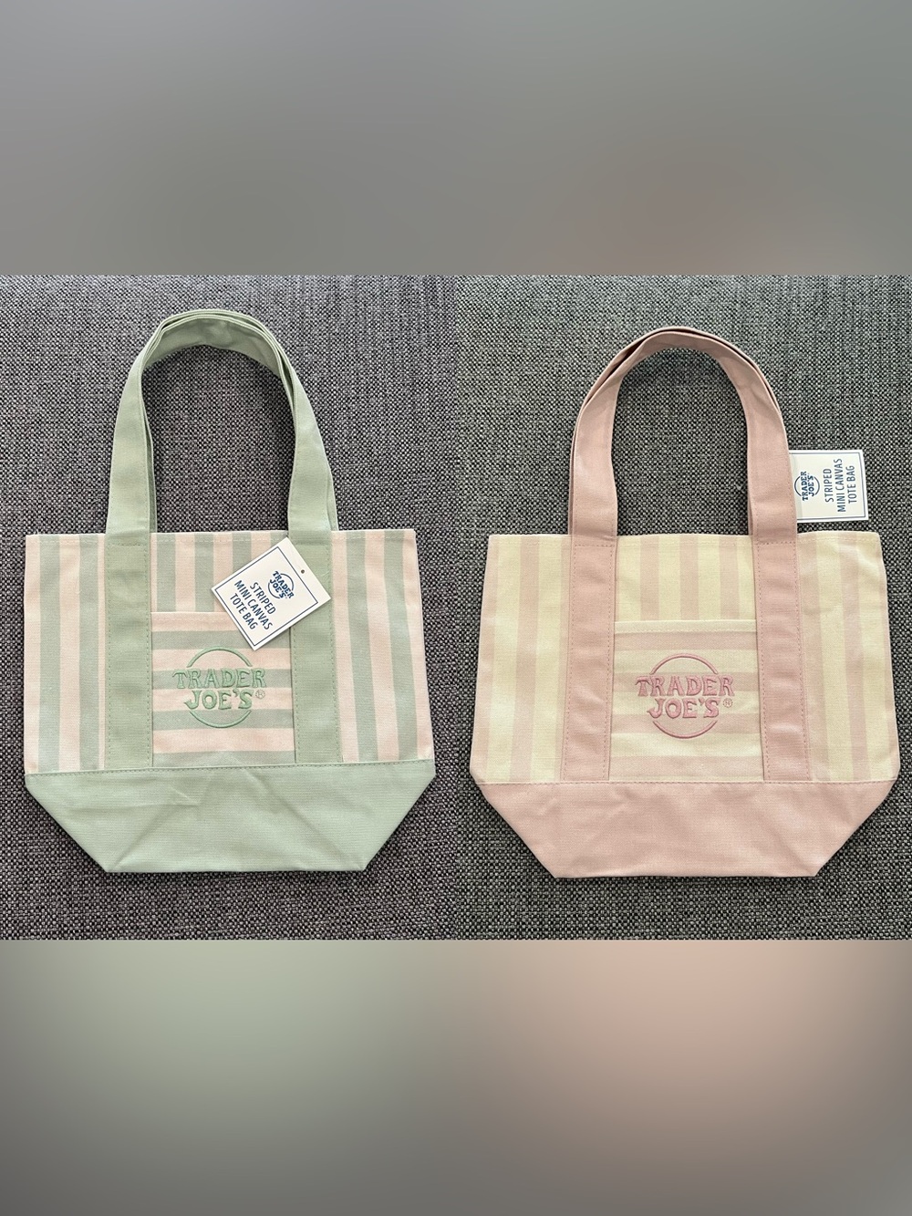 Trader Joe’s Striped Canvas Mini Tote Bag NWT Set of 2 colors pink and green